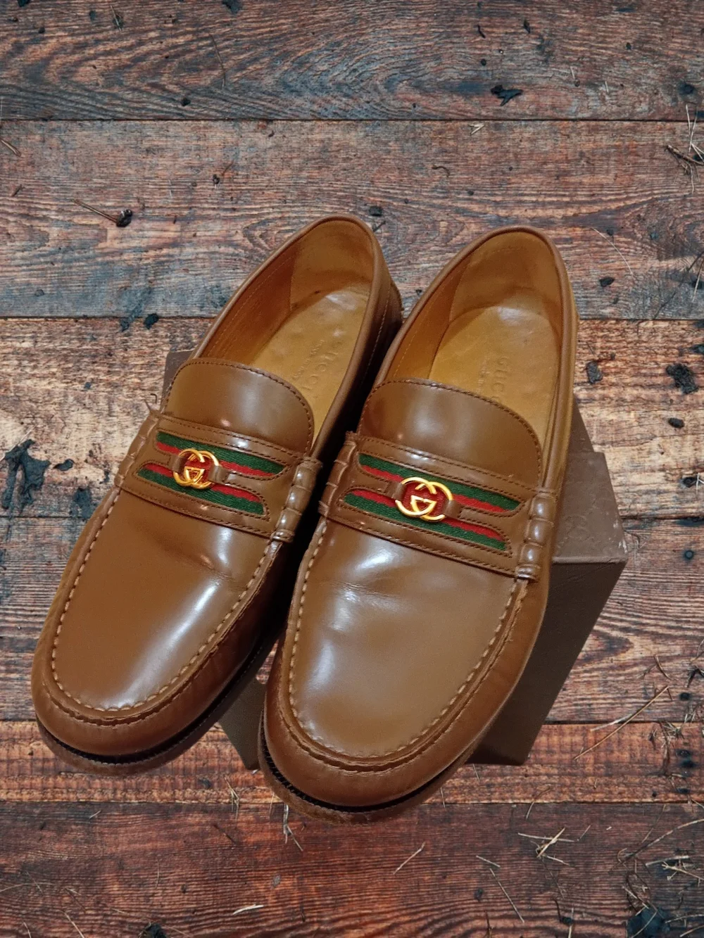 Gucci Tan Leather Loafers with Green and Red Stripe and Gold Hardware